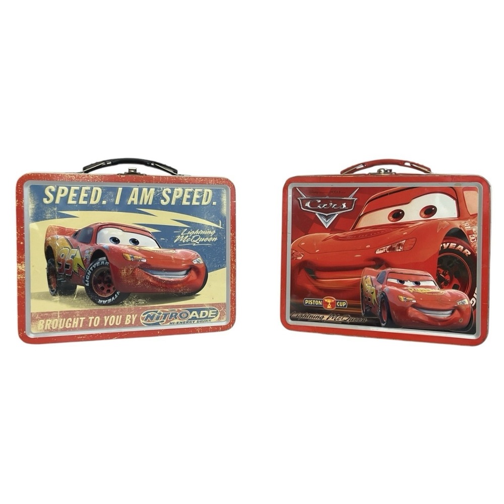 Lot of 2 Disney Pixar Cars Metal Tin Lunchboxes Embossed Lightning McQueen